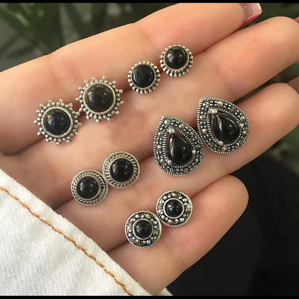 5 Pairs/set Gothic Black Gem Stone Earings Studs